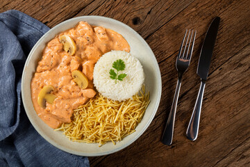 Delicious chicken stroganoff with mushrooms.