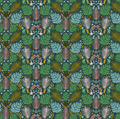 Jungle in ditsy and milfleur styles. Chameleon, frog, toucan, fern and monstera leaves. Silhouettes of rainforest and animals. For printing on T-shirts, shorts, bedding, wrapping paper, packaging