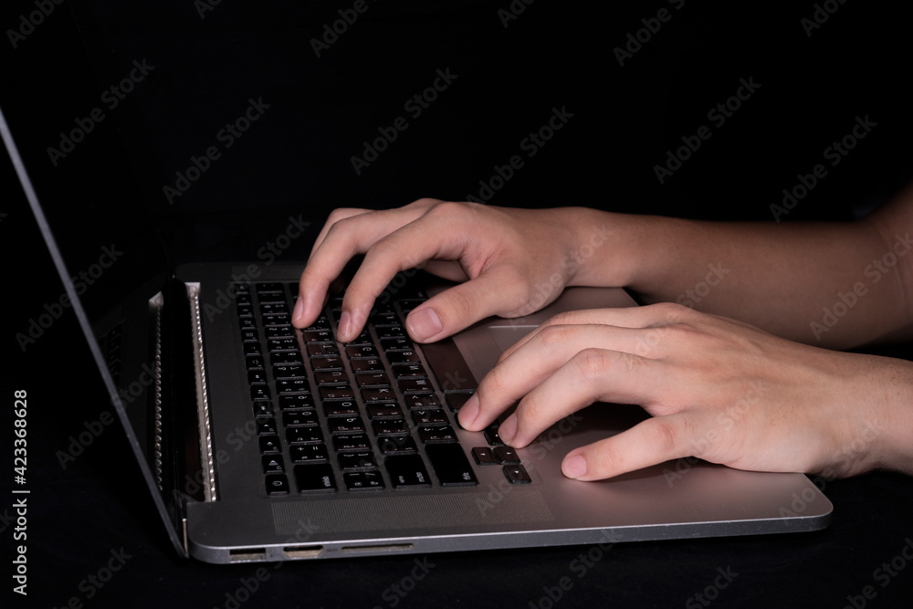 Poster side view, hand using stylus laptop or notebook working at home in the at night for web banner with 