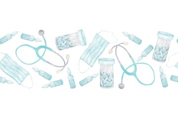 Medical-themed border strip with pills, phonendoscope, face mask and ampoules