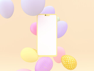 Happy easter eggs background with mobile phone mockup for online promotion banner. 3d rendering.