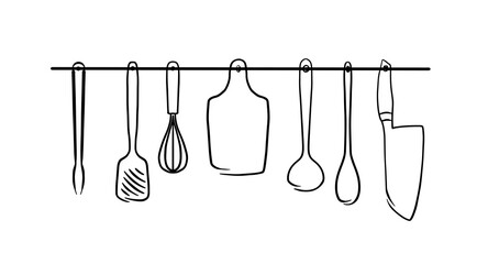 Hand drawn vector of kitchen accessories hanging on the rod on the wall in the kitchen