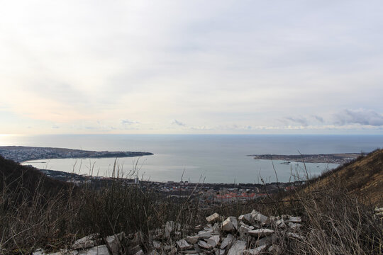Beautiful spring view of the Bay of the resort city of Gelendzhik from the top of the mountains. Russia, Black sea coast