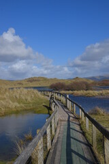 Fototapeta premium a gangway going over some sand dunes leading to a flooded lake at the bottom
