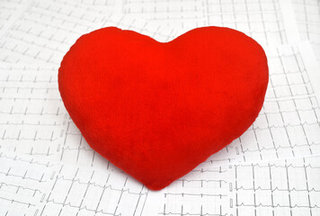 Red plush heart on the cardiogram charts in a paper form as a background. Selective focus. Health care and medical concept.