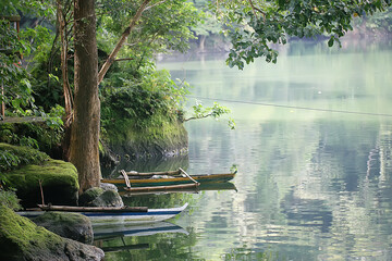 landscape on the lake, philippine islands / tropical volcano lake with a floating house © kichigin19