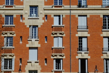 The facade of the Marais an historical quarter in Paris center. Spring 2021, Paris, France.
