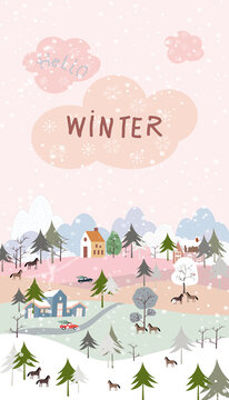 Cute winter landscape with snow in Village, Vector cartoon small town with farmhouse and horse in countryside, illustration of Vertical banner winter forest pine tree for Christmas greeting card