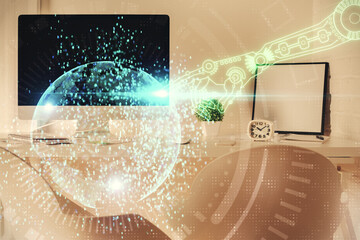 Multi exposure of data theme drawing and office interior background. Concept of technology.