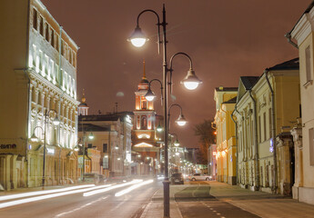 Moscow, Russia, Mar 4,2021:  Night view of Pyatnitskaya street. Lanterns, church,bicycle path