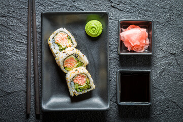 Enjoy your sushi made of salmon. Japanese cuisine.