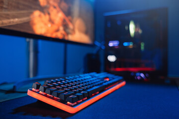 Close up of personal cyber video gamer equipment, powerful gaming computer, keyboard for stream,...