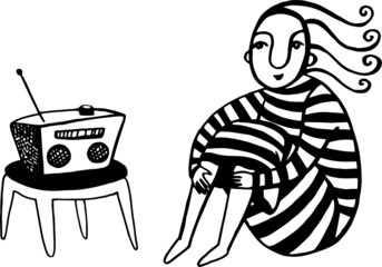 Girl in a striped dress listening to the old fashioned radio. Black and white image. Isolated elements on white background. Vector illustration made after hand drawn sketch.