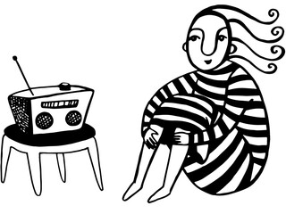 Girl in a striped dress listening to the old fashioned radio. Black and white image. Isolated elements on white background. Digital illustration made after hand drawn sketch.