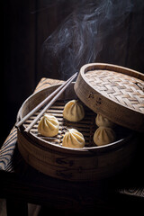 Hot manti dumplings in wooden steamer. Old Chinese cuisine.