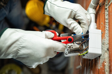 View from above. Electrician worker at work with scissors prepares electrical cables of a...