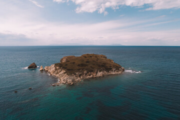 Top view aerial image from drone of an stunning beautiful sea landscape beach with turquoise water. Beautiful Sand beach with turquoise water,aerial drone shot. 'Foca' Izmir Turkey