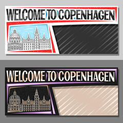 Fototapeta na wymiar Vector layouts for Copenhagen with copy space, decorative voucher with illustration of copenhagen city scape on day and dusk sky background, art design tourist coupon with word welcome to copenhagen.