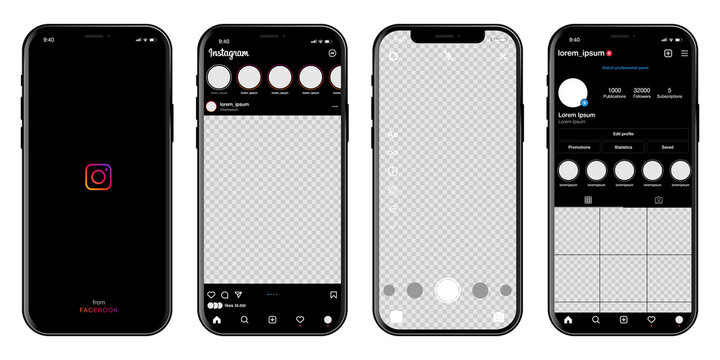 Instagram Mobile App Dark Interface Template On Apple Iphone Mockup. Profile Page Template, Home Page And Real Filming. Editorial Vector Illustration EPS 10