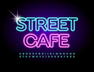 Vector electric Emblem Street Cafe. Blue illuminated Font. Neon Alphabet Letters and Numbers