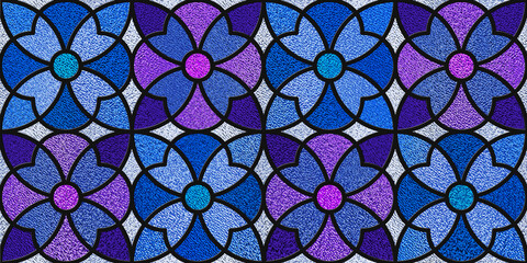 Fototapeta premium Sketch of a colored stained glass window. Flower stained-glass background. Art Nouveau. Blue, purple. Modern stained glass. Expression of color. Vintage. Floral seamless pattern.