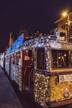 Budapest Christmas Trams illuminated at Night