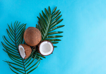 Fototapeta na wymiar Summer composition. Coconut, palm leaf on a blue background. Summer concept. Flat lay, top view, copy space