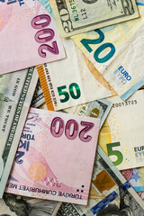 Turkish Two Hundred Banknotes designed with Euro and American Dollar Banknotes.This image can be used vertically or horizontally 