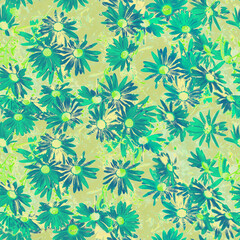 Pretty floral daisy seamless pattern in green blue and yellow. Design based on Boston daisy flowers or Argyranthemum frutescens.