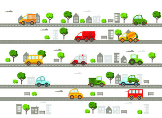 baby city with roads, cars, transport, trees and houses. Flat vector illustration.