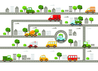Obraz premium baby city with roads, cars, transport, trees and houses. Flat vector illustration.