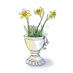 Hand drawn illustration of yellow daffodils in a vase on a white background