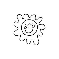 Doodle image of a cute smiling sun. Hand-drawn image for print, sticker, web, various designs. Vector element for the themes of travel, vacation, tourism.