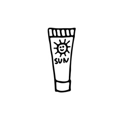 Doodle image of sunscreen. Hand-drawn image for print, sticker, web, various designs. Vector element for the themes of travel, vacation, tourism.