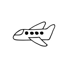 Doodle image of an airplane. Hand-drawn image for print, sticker, web, various designs. Vector element for the themes of travel, vacation, tourism.