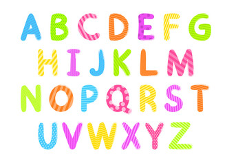 alphabet, letters, set, vector, cartoon, children's, bright, text, striped, polka dots, pattern, print, isolated, colored, colorful,

