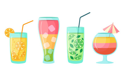 Set of summer cocktails in cartoon style. Collection of vector alcoholic drinks. Colorful bright illustration isolated on white background.
