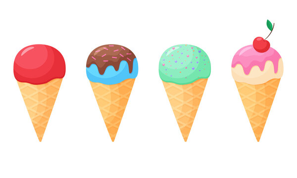 Set of ice cream cone in cartoon style. Isolated on a white background. Vector illustration of ice cream in a waffle cup.
