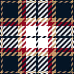 Navy blue, red and beige plaid. Tartan pattern for textile, paper and other prints.