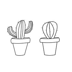 Two cactus plants in pots, houseplant, indoor plant on white background. Black and white illustration. Outline drawing. Simple flat style. Black contour..