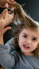 Little boy, toddler is afraid and doesn't want to cut his hair. A baby boy is fearful of getting...