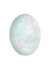 Realistic Easter egg isolated on white background. Watercolor hand drawn easter egg. Turquoise and white stains and splashes. Design for Happy Easter cards, backgrounds, designs. 