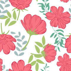 Delicate pink flowers seamless pattern. Repeating floral background. Flowering and foliage print for textiles, paper, wallpaper, packaging and design, vector illustration