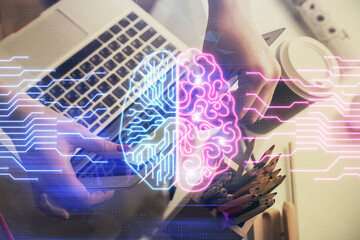 Multi exposure of woman hands working on computer and human brain hologram drawing. Ai tech concept.