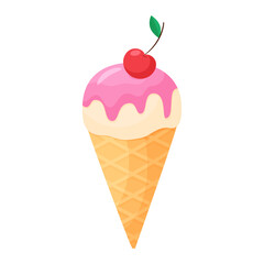 Vector illustration of ice cream in cartoon style. Ice cream cone with glaze and cherries. Isolated on white background
