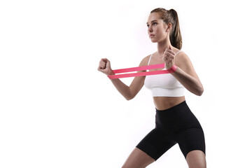 Fitness Exercise. Sports Woman Exercising With Resistance Band