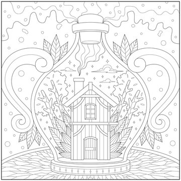 Fantasy and fancy house and tree in the glass bottle. Learning and education coloring page illustration for adults and children. Outline style, black and white drawing