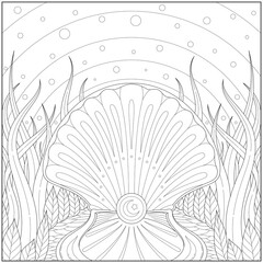 Amazing and fancy shining pearl inside the seashell. Learning and education coloring page illustration for adults and children. Outline style, black and white drawing