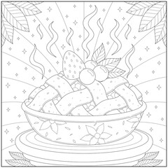 Delicious and tasty hot apple pie with strawberry and fruit. Learning and education coloring page illustration for adults and children. Outline style, black and white drawing