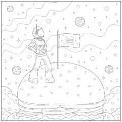 Fantasy astronaut landing on the planet burger and plant the flag. Learning and education coloring page illustration for adults and children. Outline style, black and white drawing